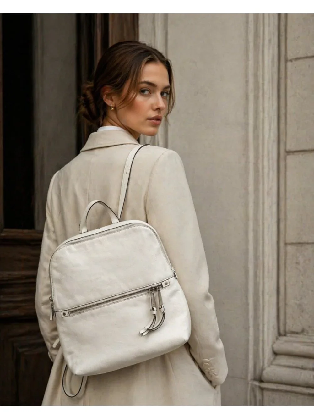 Michael Kors White Leather Backpack Women MK Gold Hardware Medium Travel Work